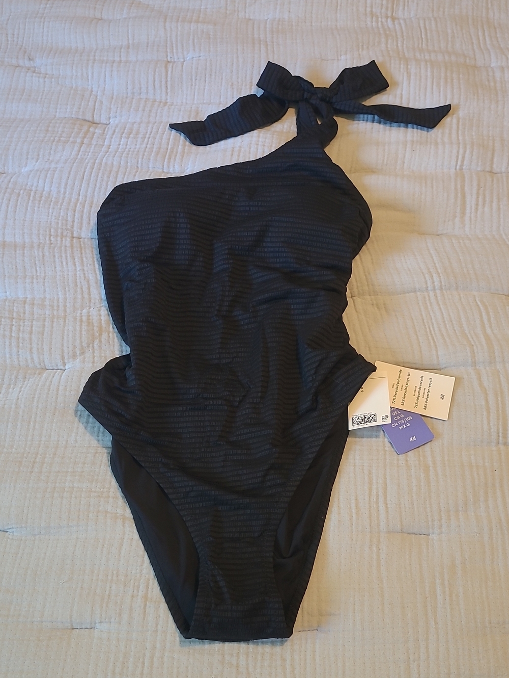 H&M Black One-Shoulder Textured Swimsuit with Tie Strap